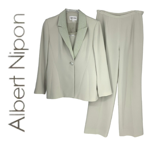 Vintage 1980's Albert Nipon Sz 12 Sage Green 3 Pc Jacket Shell Pants Suit Set - Picture 1 of 7